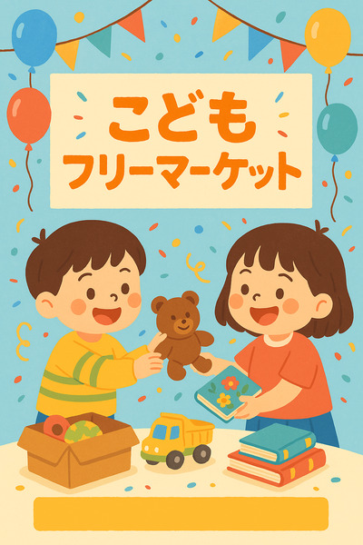 こどもフリーマーケットの様子 - カラフルな風船と子どもたちがおもちゃを交換している様子